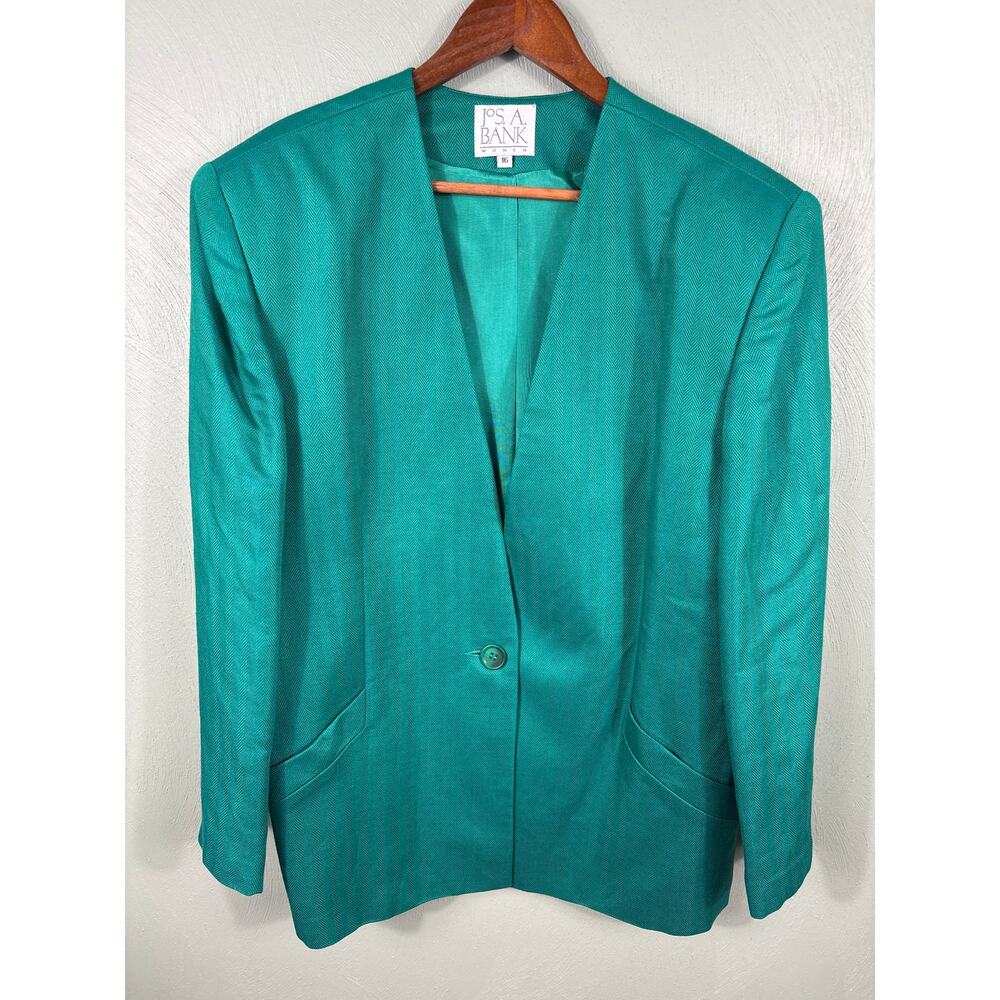 Jos A Bank Blazer Jacket Made in USA Women's Size 16 Green Linen Blend Pockets - Picture 11 of 13